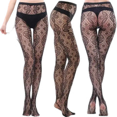 Openwork Mesh Stockings With Prints Black Tight Lingerie