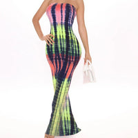 Thumbnail for Strapless Sleeveless Off Shoulder Tie Dye Print Dress - Neon