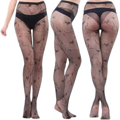 Openwork Mesh Stockings With Prints Black Tight Lingerie