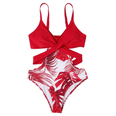 Palm Tree One-Piece Cross Strap Trikini - Red / S - Swimsuit