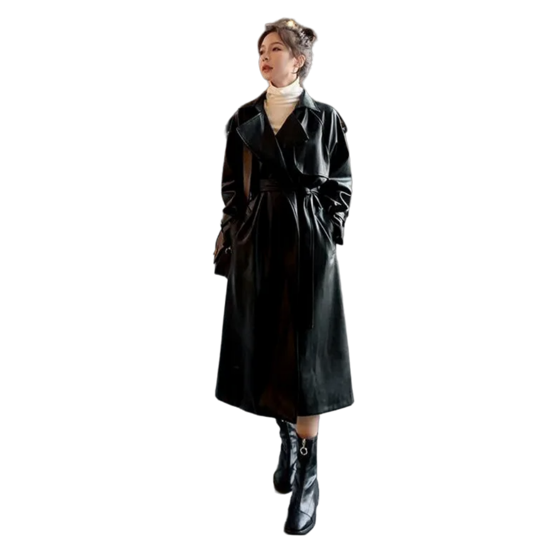 Waterproof PU Leather Trench Coat - Black / S