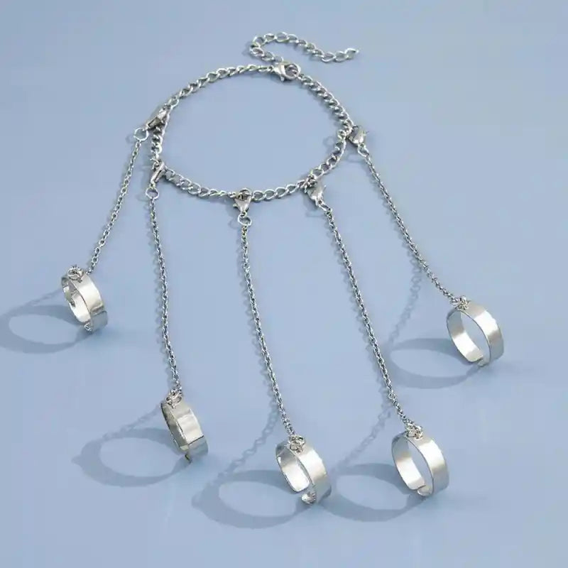 Geometric Silver Color Chain Charm Ring Bracelet Set