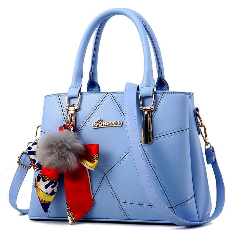 PU Leather Handbag Shoulder Handle Tote - Light Blue /