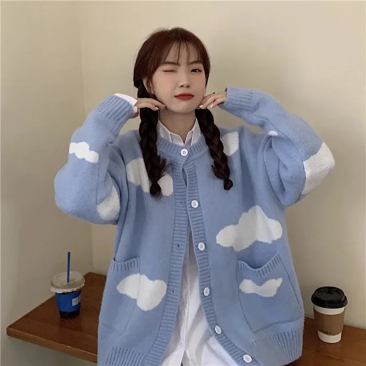 Clouds Oversized O Neck Knitted Long Sleeve Cardigan - Blue