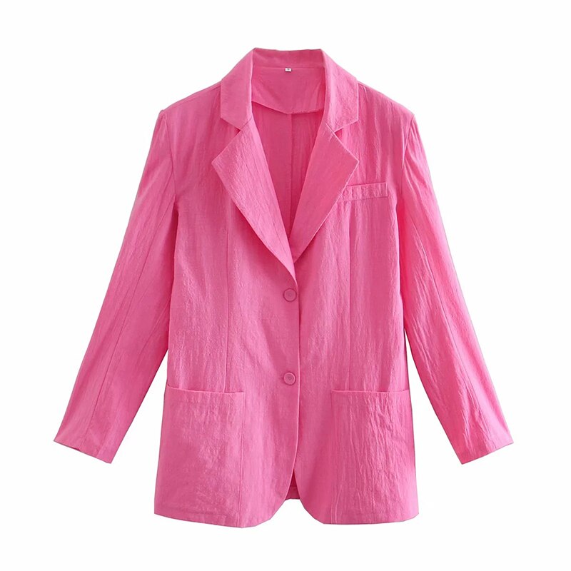 Turn Down Collar Double Pocket Long Sleeve Blazer - Pink / S