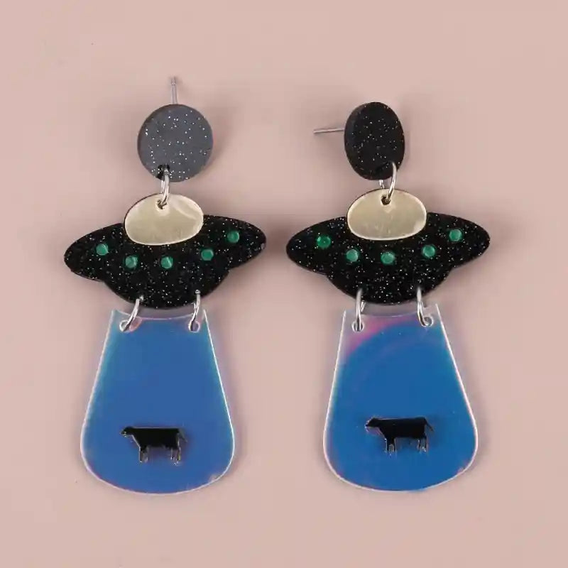 Neon Spaceship Alien Acrylic Drop Dangle Earrings