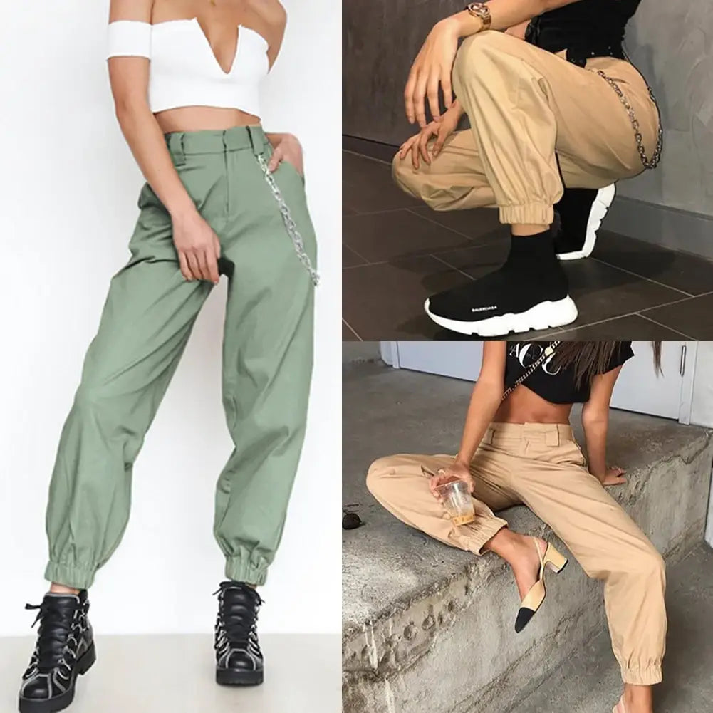 High Waist Chain Hip-Pop Combat Cargo Harem Pants