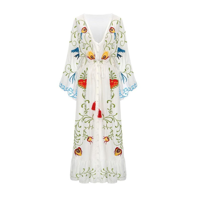 Embroidery Flowers Retro Tassel Dress