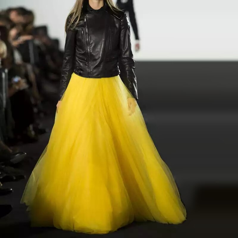 Solid Color Tulle Pleated Maxi Skirt - Yellow / One Size