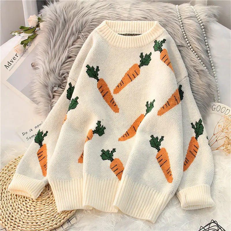Carrot Print Lantern Sleeve Sweater