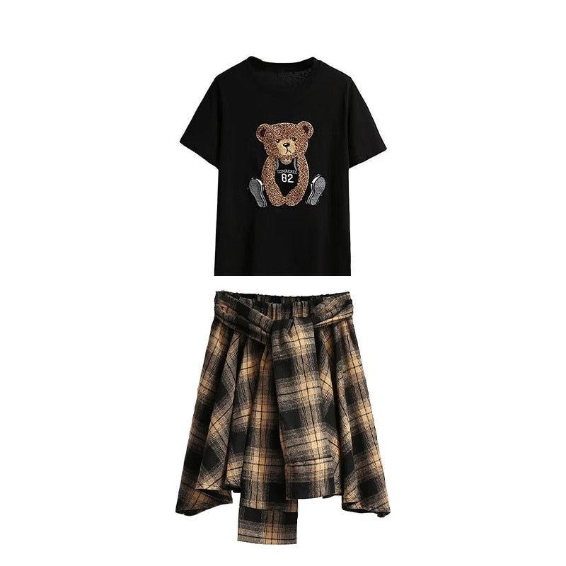 Aesthetic Plaid Skirt Short Sleeve Cartoon Bear T-shirt Set