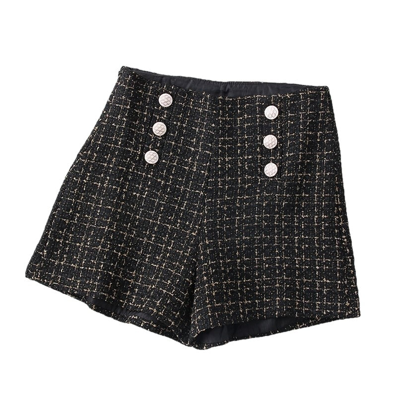 High Waist Tweed Shorts - Black / S