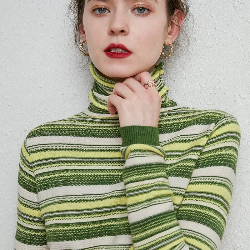 Striped Turtleneck Long Sleeve Sweatshirt - Green / S -