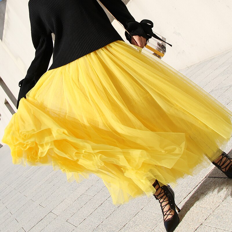 Solid Color Tulle Pleated Maxi Skirt