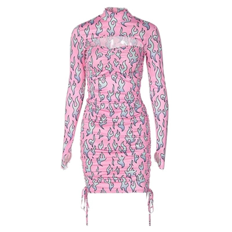 Y2K Pink Flame Pattern Long Sleeve Dress