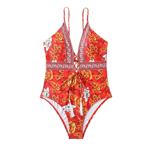 Strapped Patchwork One-Piece Bikini Swimwear - Red / S