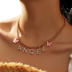Butterfly Rhinestone Letter Necklace - Angel