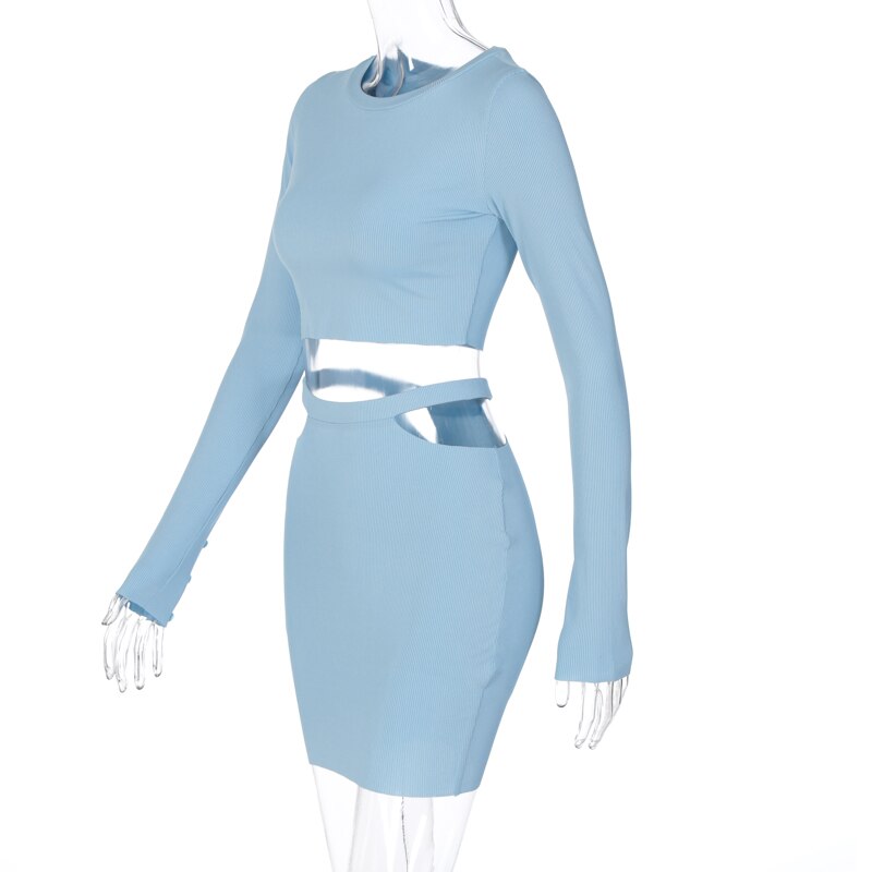 Set Knitted Long Sleeve Crop Tops High Waist Skirt - Two