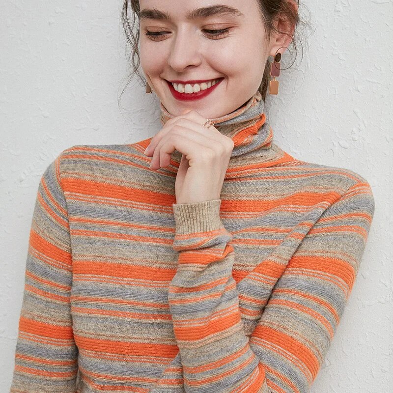 Striped Turtleneck Long Sleeve Sweatshirt - Orange / S -