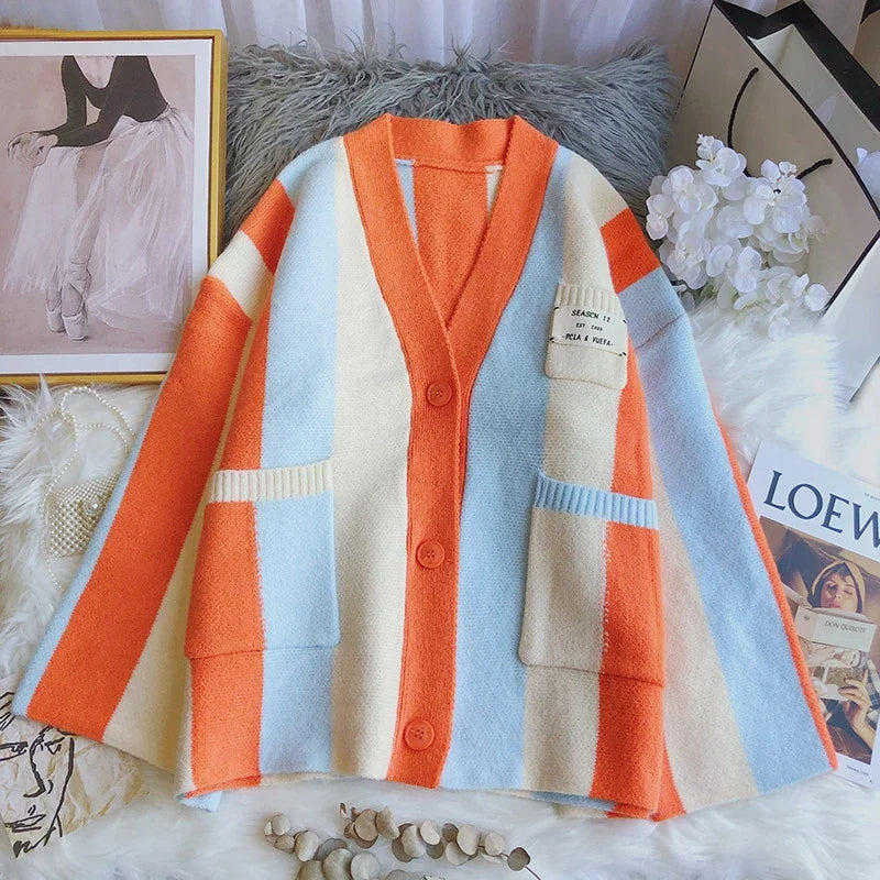 Striped V Neck Long Sleeve Cardigan - Orange / One Size -