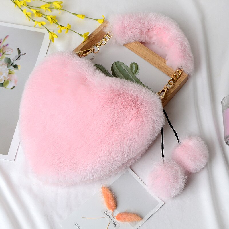 Faux Fur Heart Shaped Small Handbag - Light Pink - Bag