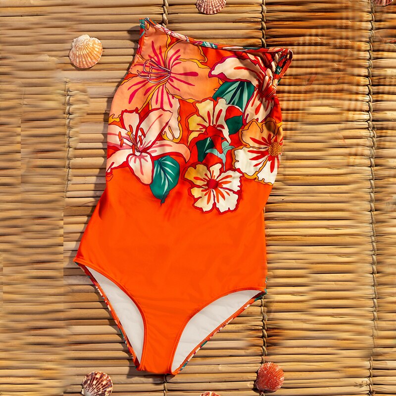 Aesthetic Floral One-Piece Swimsuit - Orange / S