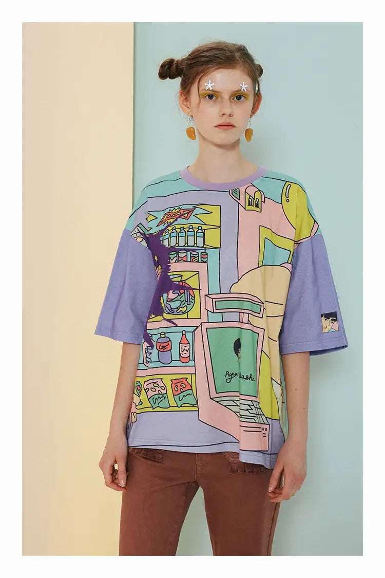 Retro Bang Carton Mixed Harajuku Loose T-shirt