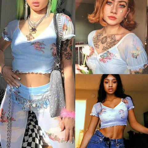 Angel Print Vintage Mesh Crop Tops