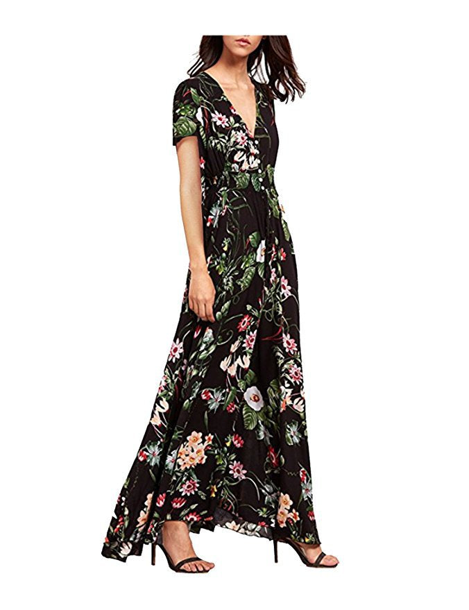 Bohemian Flower Print V-Neck Dress - Brown / Short Sleeve /