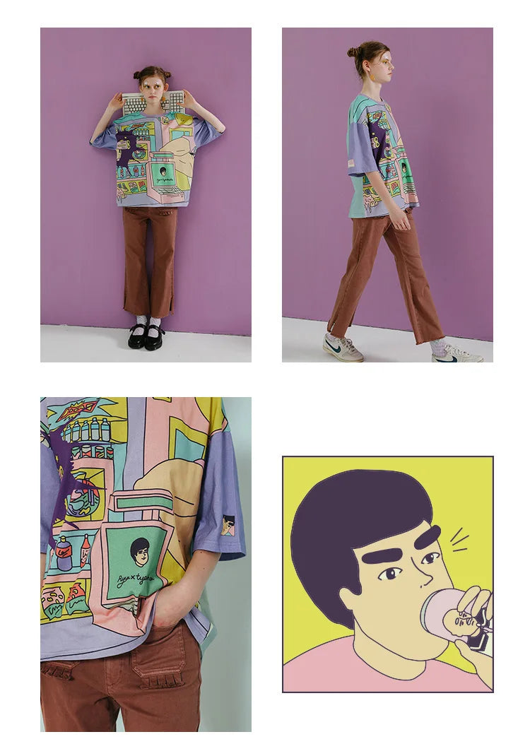 Retro Bang Carton Mixed Harajuku Loose T-shirt