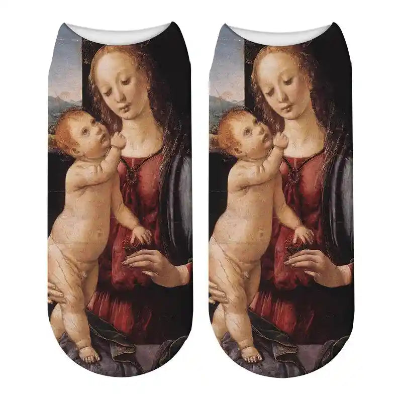 3D Art Hoe Cotton Socks with Oil Painting Character Portrait