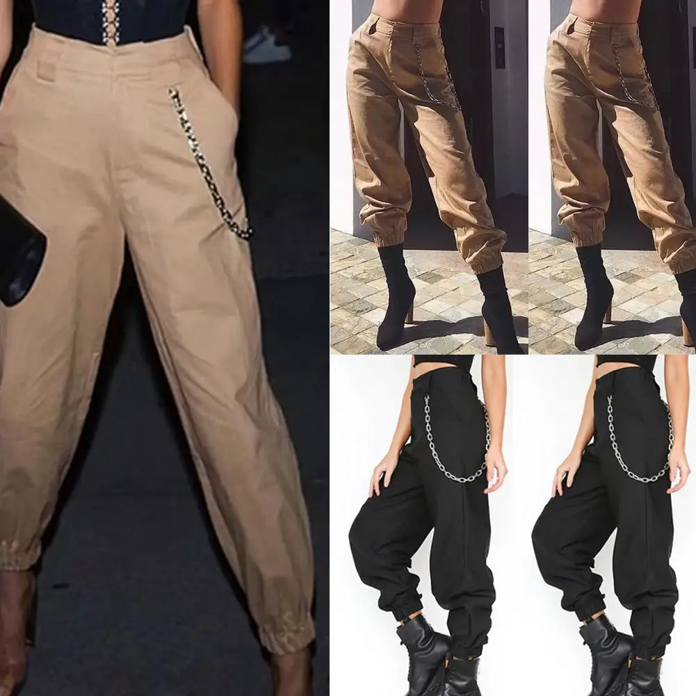 High Waist Chain Hip-Pop Combat Cargo Harem Pants