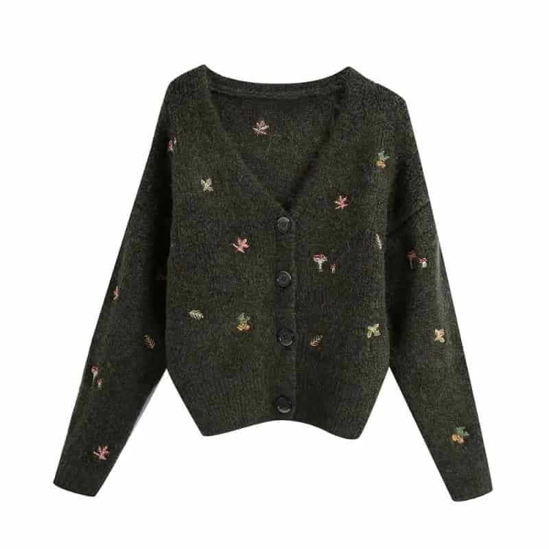 Mushroom Long Sleeve V Neck Cardigan - Green / S - Sweaters