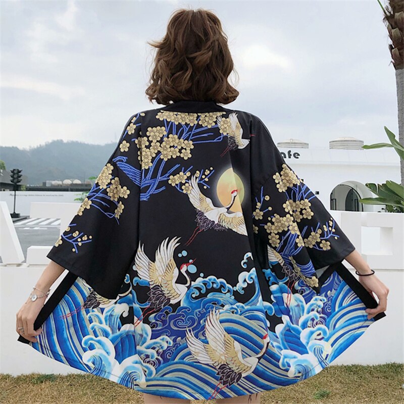 Crane & Samurai Japanese Style 3/4 Sleeve Kimono - Black /