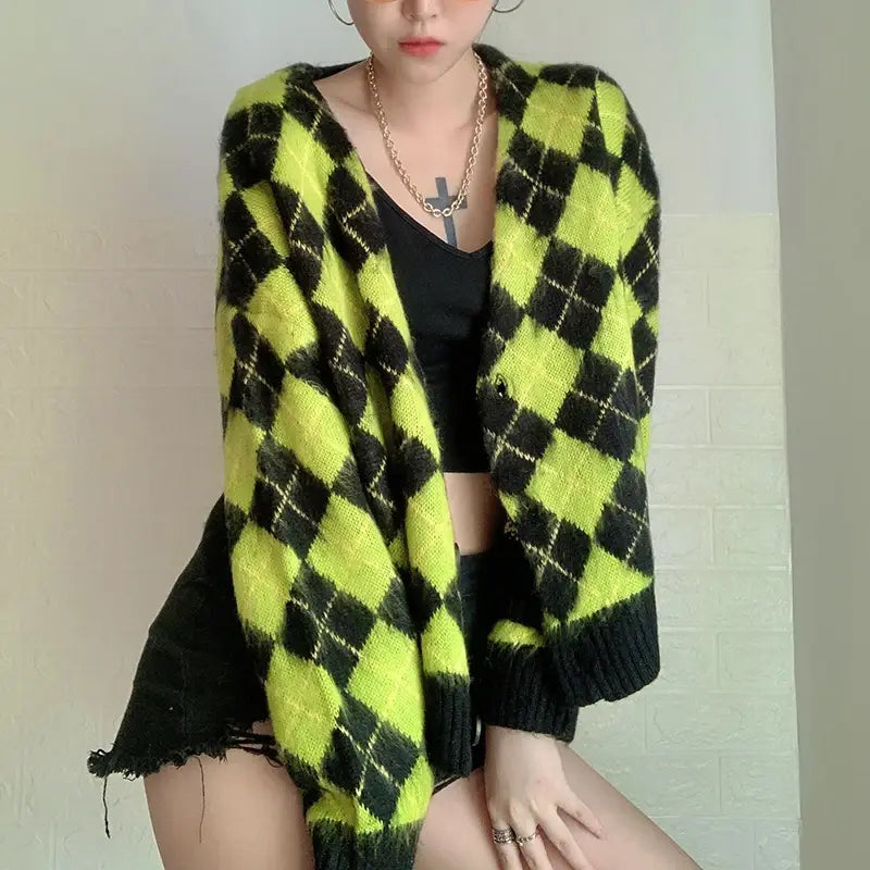 Chess Pattern Square Knitted Cardigan Sweater