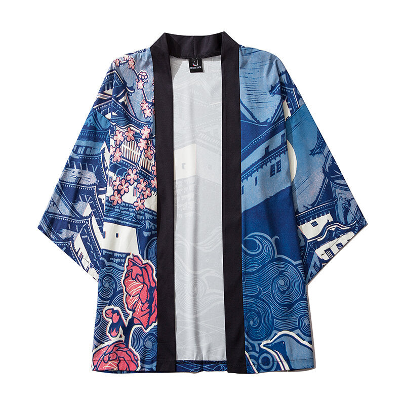 Traditional Japanese Houses Blue 3/4 Sleeve Kimono - M -