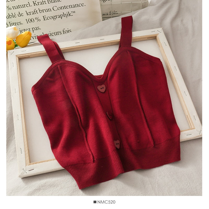 Heart Buttons Knitted Sleeveless Crop Top - Wine / S