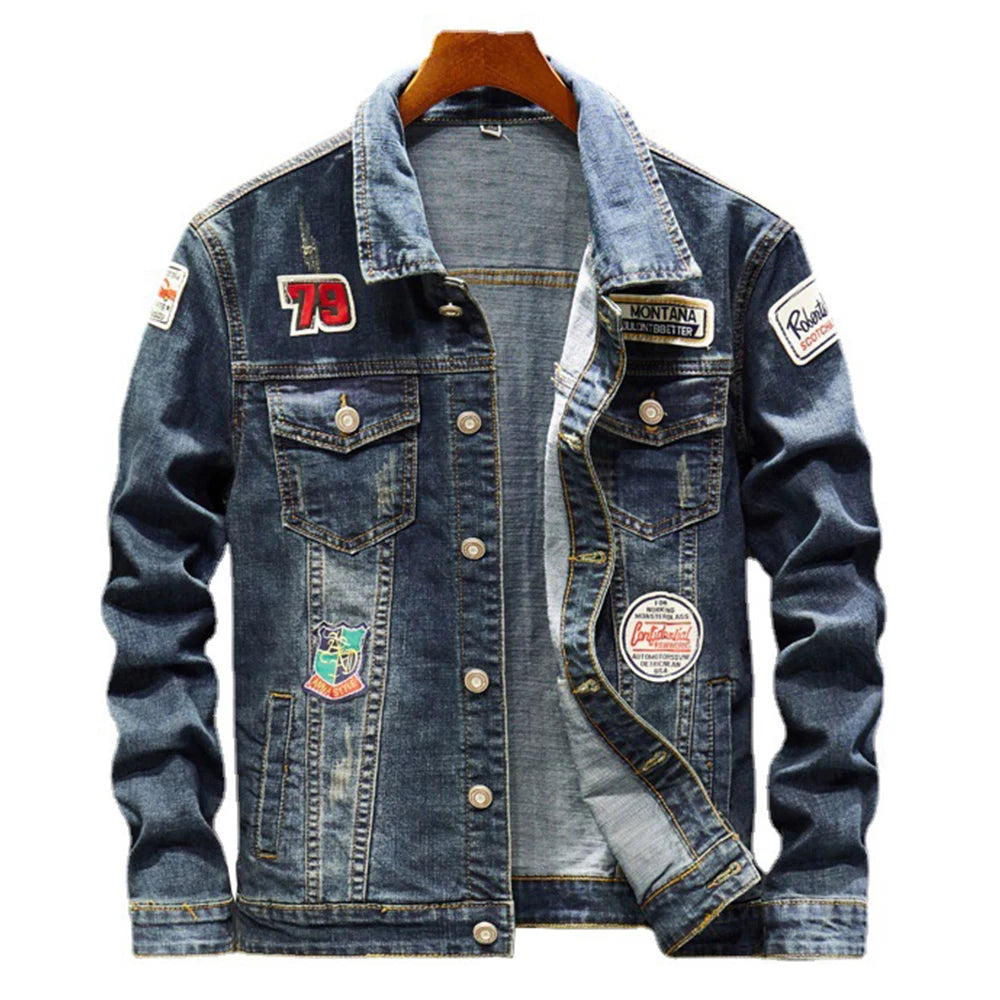 Men's blue stretch denim jacket with badge patches and ripped patchwork streetwear design