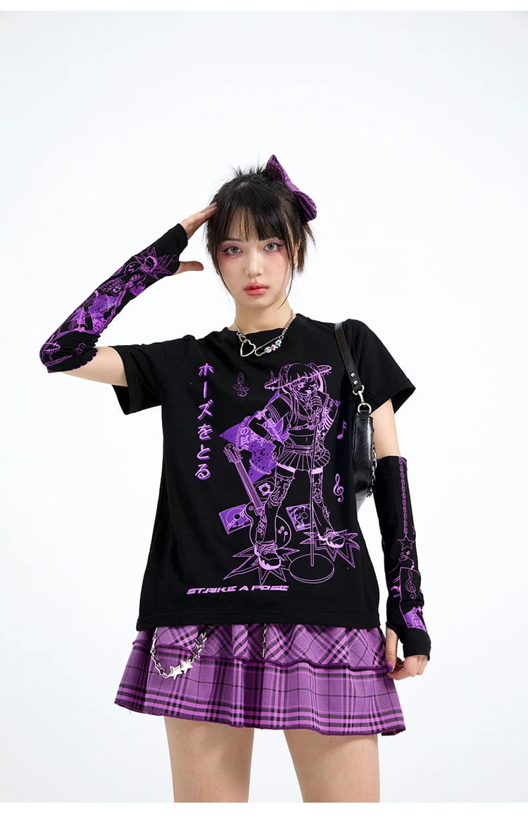 Harajuku Music Girl Print Black T-shirt
