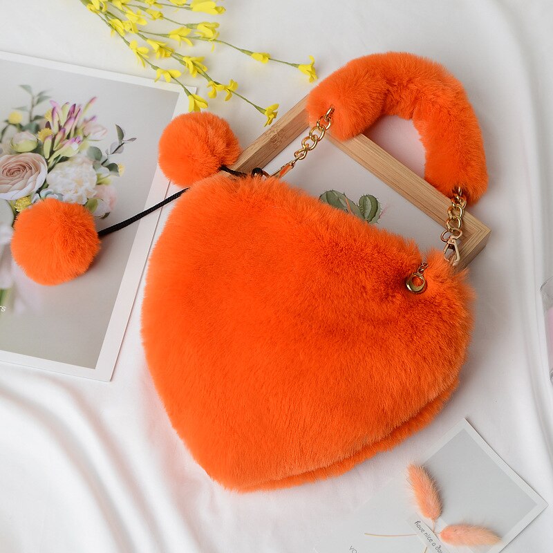 Faux Fur Heart Shaped Small Handbag - Orange - Bag