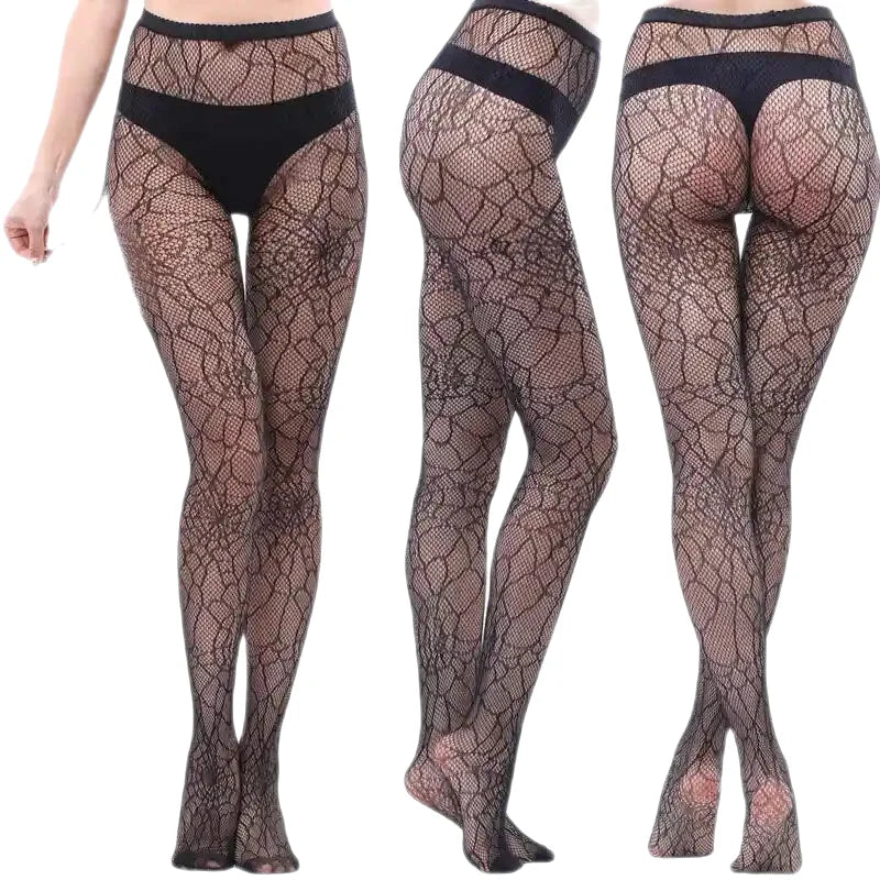 Openwork Mesh Stockings With Prints Black Tight Lingerie