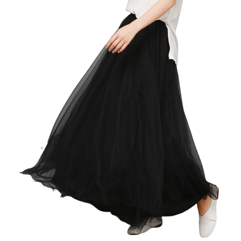 Solid Color Tulle Pleated Maxi Skirt - Black / One Size
