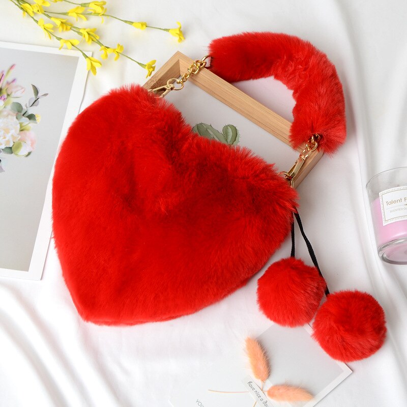 Faux Fur Heart Shaped Small Handbag - Red - Bag