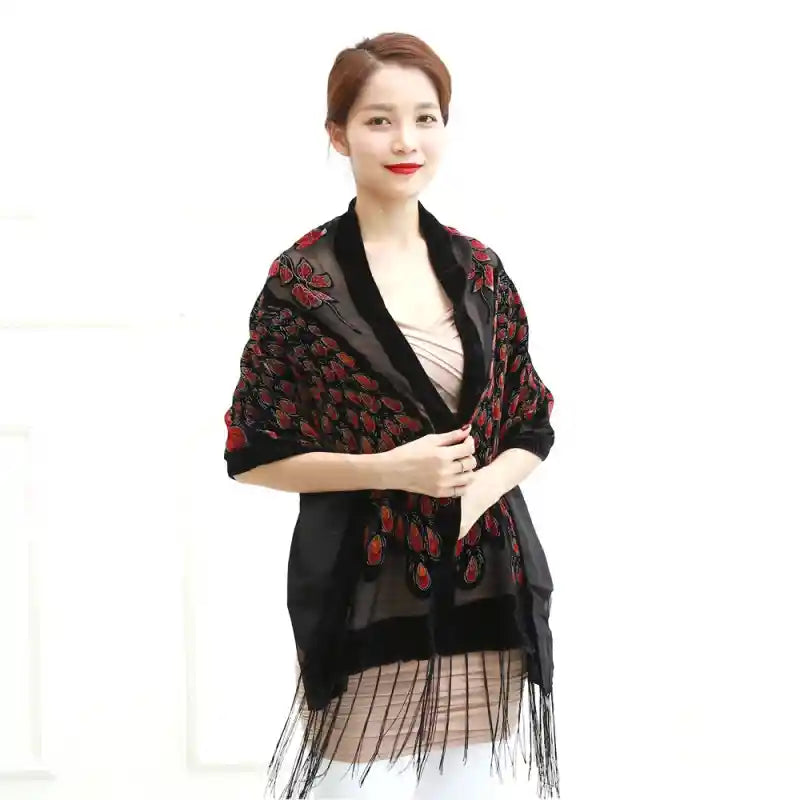 Shawl Double Peacock Silk Pashmina Tassel Cloak Poncho