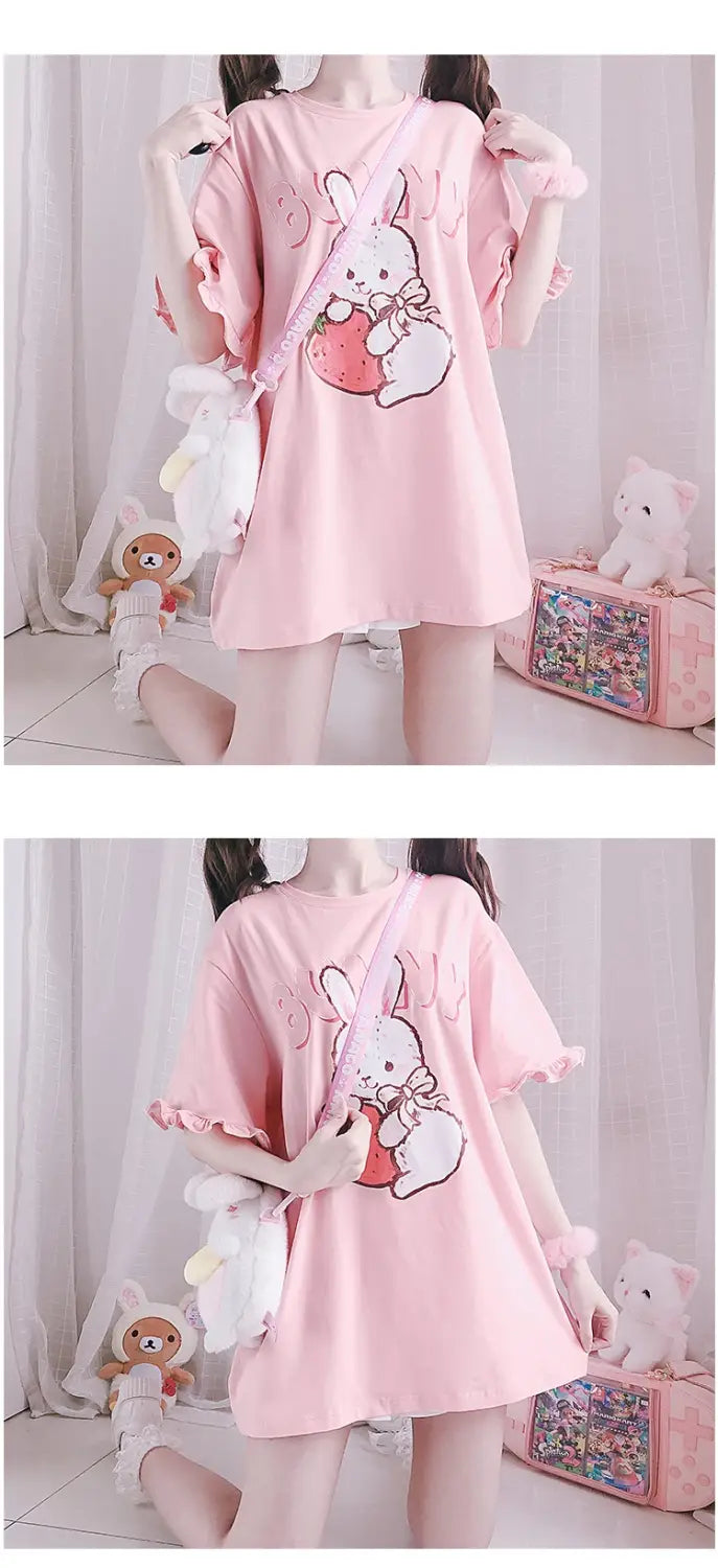 Cute Kawaii Strawberry Bunny Print Tshirt