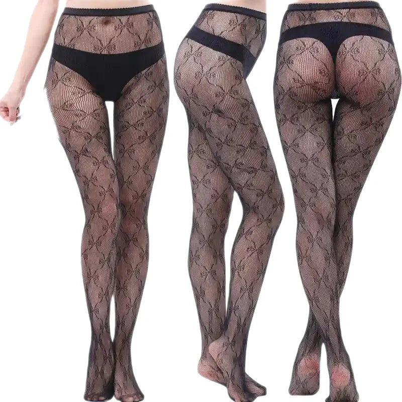 Openwork Mesh Stockings With Prints Black Tight Lingerie