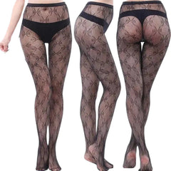 Openwork Mesh Stockings With Prints Black Tight Lingerie