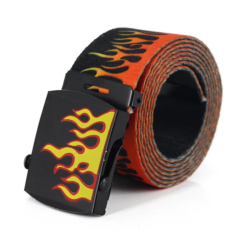 Flame Print Metal Plaque Buckle Belt