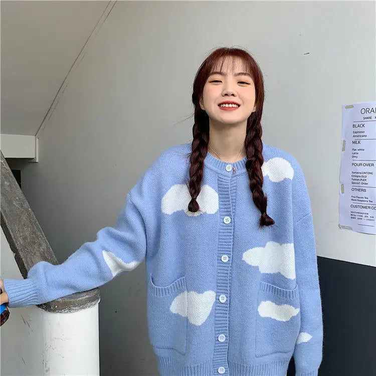 Clouds Oversized O Neck Knitted Long Sleeve Cardigan - Blue