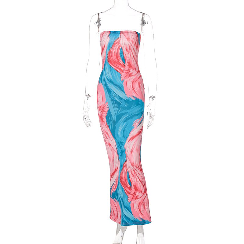 Strapless Sleeveless Off Shoulder Tie Dye Print Dress - Pink